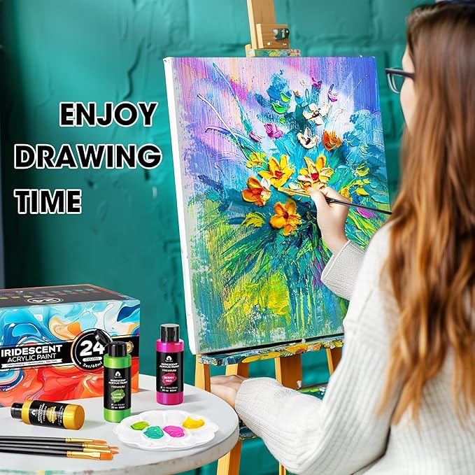 52 Pcs Iridescent Acrylic Paint Set with 12 Brushes, 2 Knives & Palette, 36 Colors (2oz/60ml) - for Adults, Kids, Artists & Beginners - Canvas Ceramic Rock Wood Egg Painting Kit
