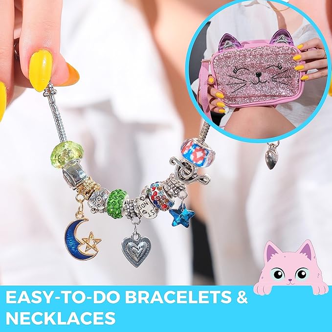 MODDA Charm Bracelet Making Kit - DIY Beaded Jewelry Making Kit, Gifts for Girls Ages 5-12, with Cute Cat Design Shoulder Bag