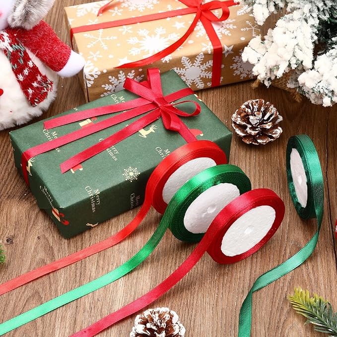 DECYOOL Christmas Ribbons, 4 Rolls 100 Yards Christmas Satin Ribbons 10mm Wide Holiday Craft Ribbons for Gift Wrapping and Xmas Decoration (Red, Green, Wine Red, Dark Green)