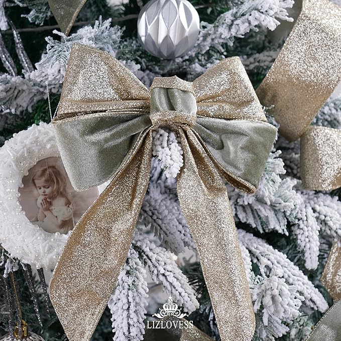 Sage Green Velvet Wired Ribbon with Glitter Back 2.5 Inch Green and Gold Christmas Ribbon Wired Ribbon for Christmas Tree, Gift Wrapping, Crafts, Wreaths Supplies, Topper Bows (10 Yards)