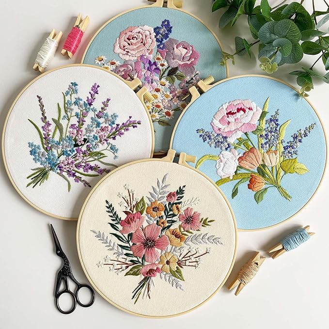 Myfelicity Embroidery Kit, 4 Flower Pattern Embroidery Set with 4 Patterns and 2 Hoops, Adult and Beginner Needlepoint Kit with Embroidery Floss, Needles, Cotton Fabric and Instructions…
