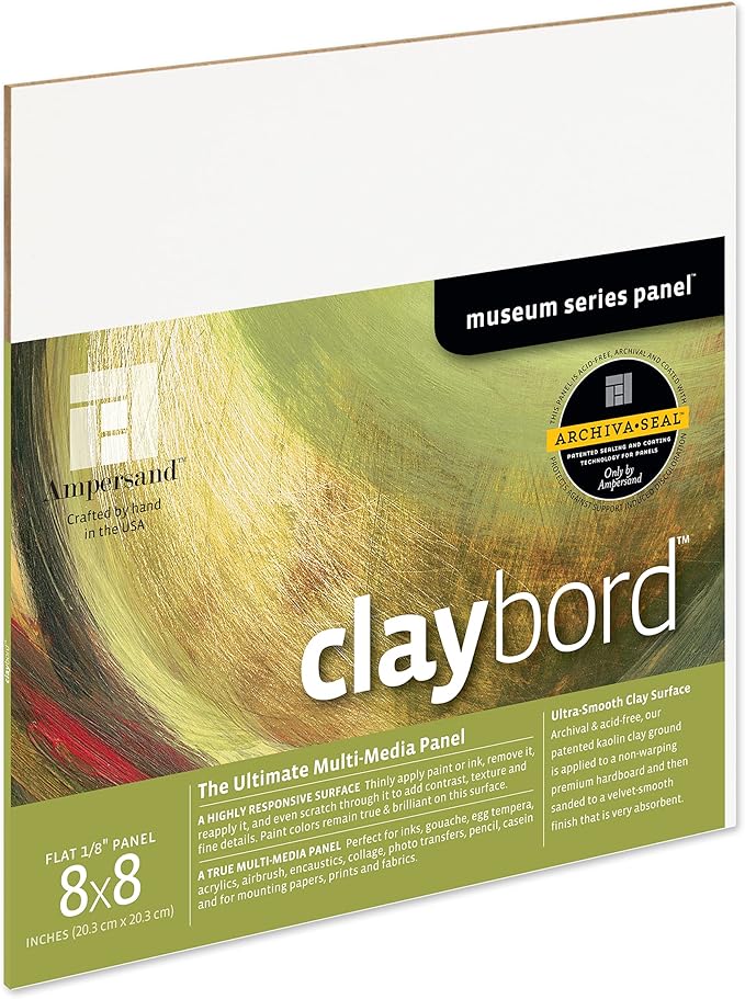Ampersand Art Supply Wood Painting Panel: Museum Series Claybord, 8" x 8", 1/8" Flat Profile