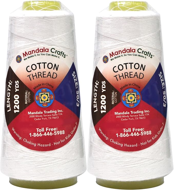 Mandala Crafts White Thread Cones for Machine and Hand Quilting - 2400 Yds 50 WT Multiple Purpose Mercerized 100% Cotton Threads for Sewing Machine Serger Embroidery