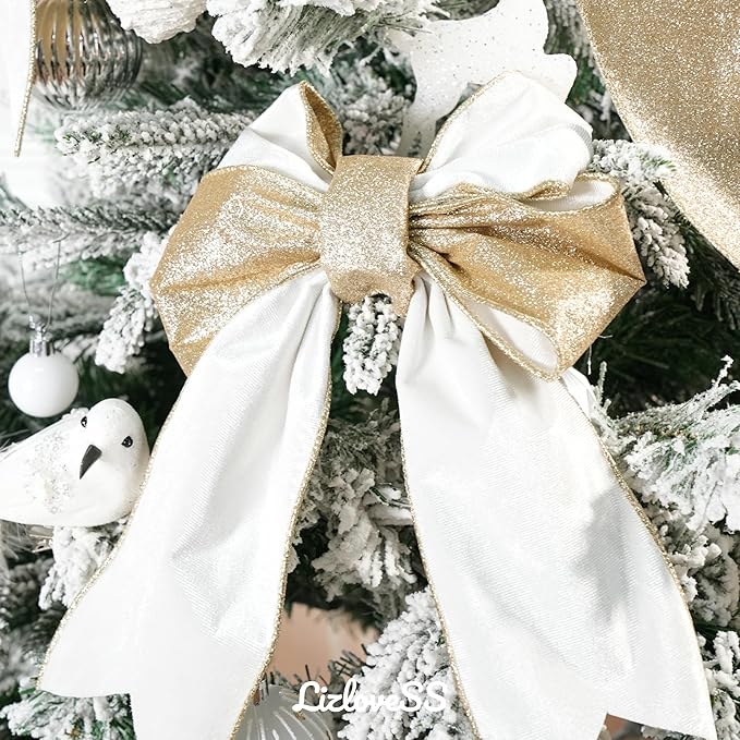 White Velvet Wired Ribbon with Glitter Back 4 Inch White and Gold Christmas Ribbon Wired Ribbon for Christmas Tree, Gift Wrapping, Mantel, Wreaths Supplies, Topper Bows (10 Yards)