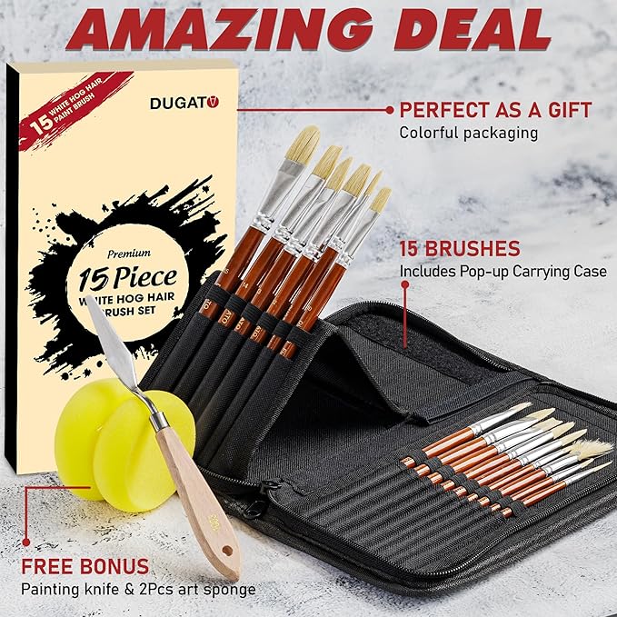 DUGATO Artist Paint Brush Set (15pc) - Short Handle Hog Bristle Brushes for Oil, Acrylic, Gouache, Watercolor - Includes Pop-Up Case, Palette Knife & Sponges - Professional Art Supplies