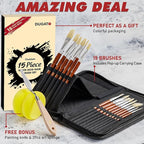 DUGATO Artist Paint Brush Set (15pc) - Short Handle Hog Bristle Brushes for Oil, Acrylic, Gouache, Watercolor - Includes Pop-Up Case, Palette Knife & Sponges - Professional Art Supplies