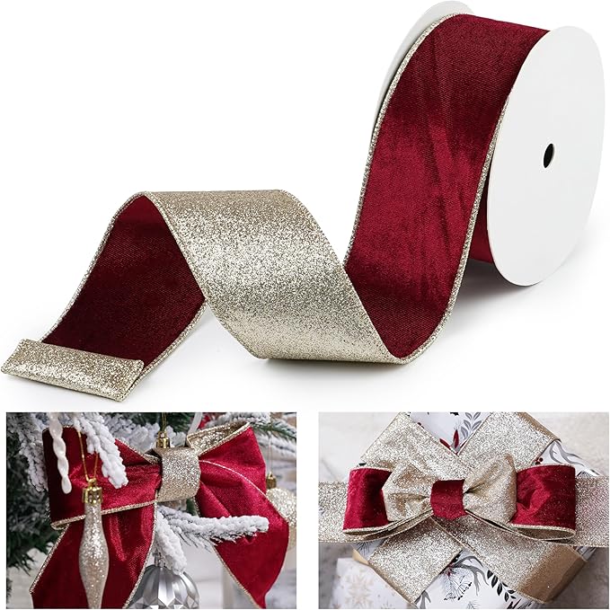 Burgundy Velvet Wired Ribbon with Glitter Back 2.5 Inch Burgundy and Gold Christmas Ribbon Wired Ribbon for Christmas Tree, Gift Wrapping, Mantel, Wreaths Supplies, Topper Bows (10 Yards)