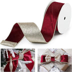 Burgundy Velvet Wired Ribbon with Glitter Back 2.5 Inch Burgundy and Gold Christmas Ribbon Wired Ribbon for Christmas Tree, Gift Wrapping, Mantel, Wreaths Supplies, Topper Bows (10 Yards)