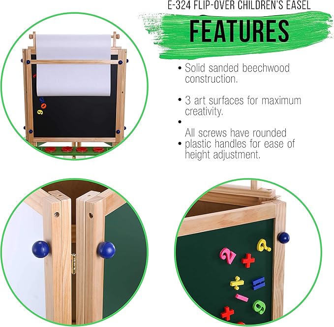 U.S. Art Supply Children's 3-Sided Art Activity Easel with Chalkboard, Large Paper Roll, Shelf & Plastic Paint Cups