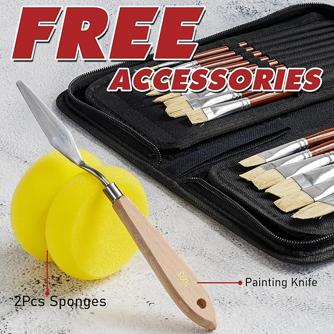 DUGATO Artist Paint Brush Set (15pc) - Short Handle Hog Bristle Brushes for Oil, Acrylic, Gouache, Watercolor - Includes Pop-Up Case, Palette Knife & Sponges - Professional Art Supplies