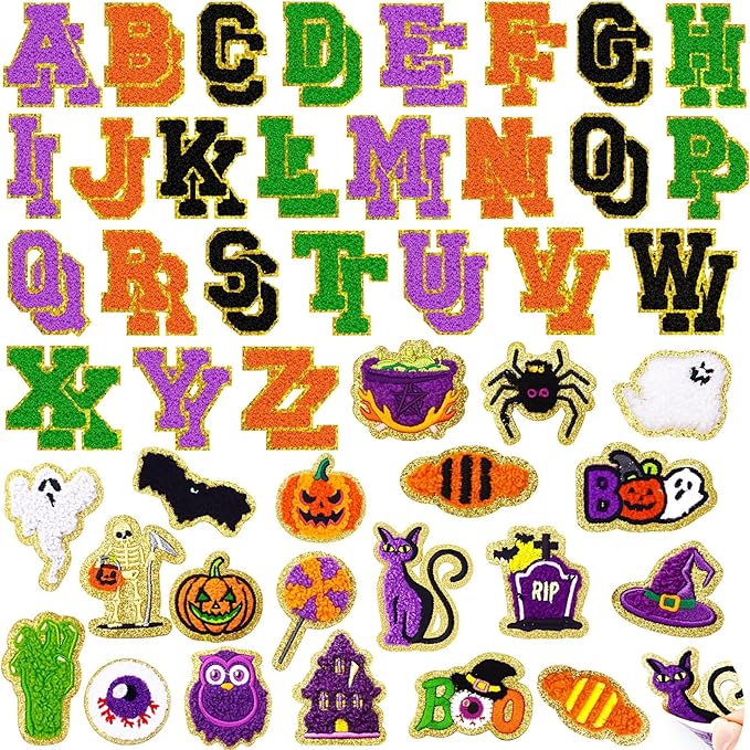 72 Pcs Autumn Halloween Patches Chenille Halloween Letter Patch Self Adhesive Embroidered,Include 52 A-Z Letters Patches,20 Pumpkin Ghost Skeleton Witch Hat Spider Gravestone Sew on Patch Stickers