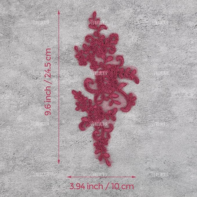 AUEAR, 2 Pack Wine Red Flower Lace Patches Embroidered Applique Patch for Dress Clothes