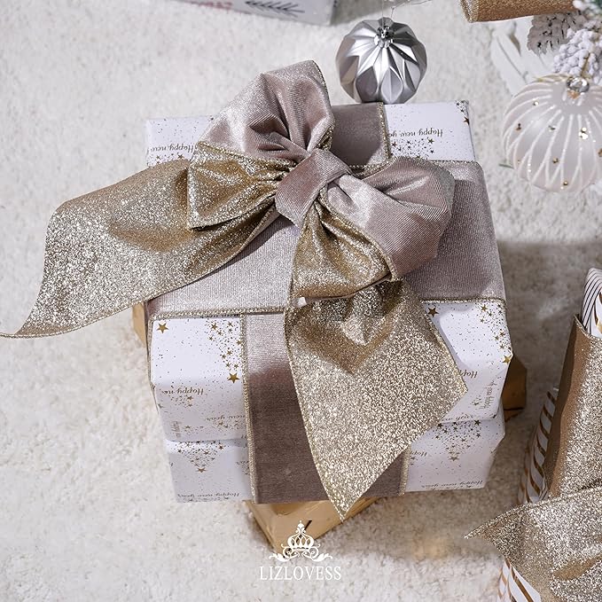 Taupe Velvet Wired Ribbon with Glitter Back 4 Inch Camel and Gold Christmas Ribbon Wired Taupe Ribbon for Christmas Tree, Gift Wrapping, Mantel, Wreaths Supplies, Topper Bows (10 Yards)