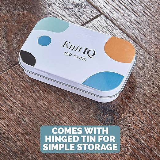 KnitIQ Strong Stainless Steel T-Pins for Blocking Knitting, Crochet & Sewing Projects | 150 Units, 1.5 Inch Pin Needles | Comes with Hinged Reusable Tin (Classic Design)
