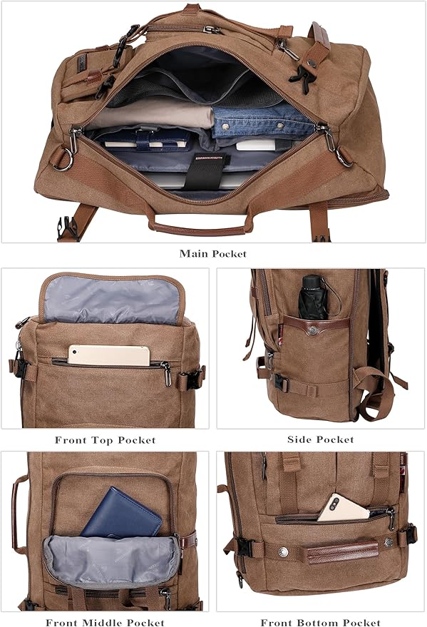 WITZMAN Canvas Backpack Vintage Travel Backpack Large Laptop Bags Convertible Shoulder Rucksack(A519-1 Brown)