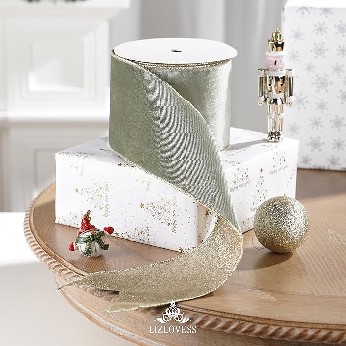Sage Green Velvet Wired Ribbon with Glitter Back 4 Inch Green and Gold Christmas Ribbon Wired Ribbon for Christmas Tree, Gift Wrapping, Crafts, Wreaths Supplies, Topper Bows (10 Yards)