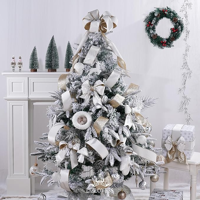 White Velvet Wired Ribbon with Glitter Back 2.5 Inch White and Gold Christmas Ribbon Wired Ribbon for Christmas Tree, Gift Wrapping, Mantel, Wreaths Supplies, Topper Bows (10 Yards)