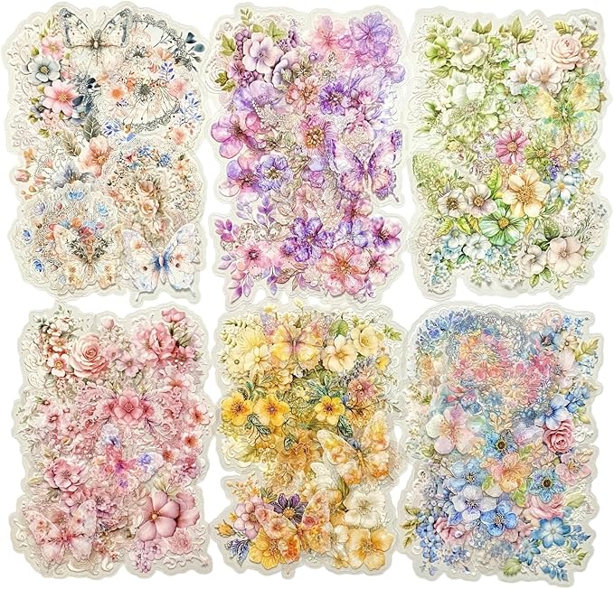 TIAMECH Misty Weaving Flowers PET Stickers - 60 Pcs Dawn Dream & Floral Lace Spring Blossom Design, Waterproof Sticker for Journaling & Scrapbooking, Junk Journal Supplies, Ephemera & DIY Crafts
