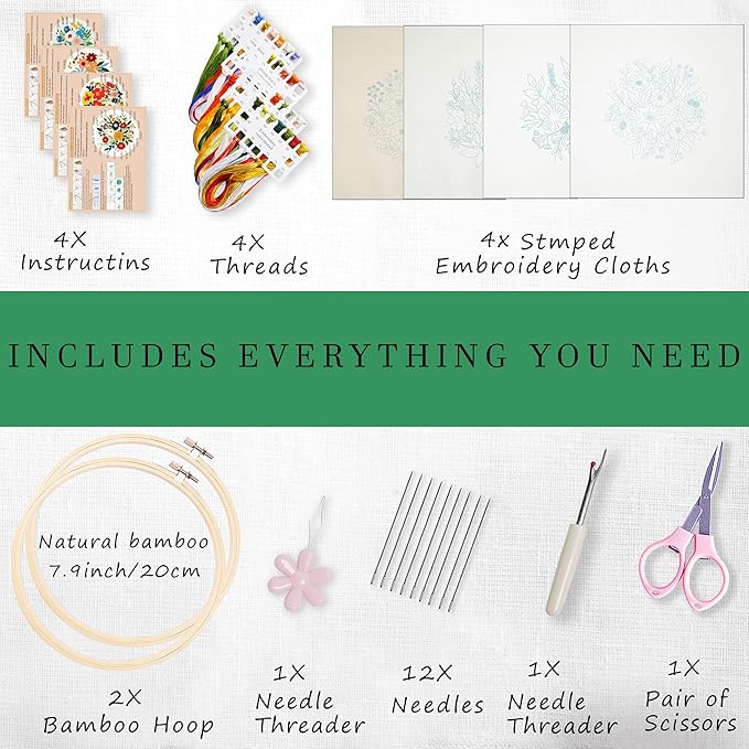 SevFan 4 Sets Embroidery Kit for Beginners Adults,Needlepoint Kits for Adults with Easy Stamped Floral Pattern Fabric Hand Crafts,Bamboo Hoop,Needle,Cloth,Embroidery Kit for Decor Home Room(Flower-4)