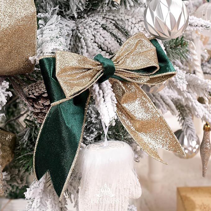 Hunter Green Velvet Wired Ribbon with Glitter Back 2.5 Inch Dark Green and Gold Christmas Wired Ribbon for Christmas Tree, Gift Wrapping, Crafts, Wreaths Supplies, Topper Bows (10 Yards)