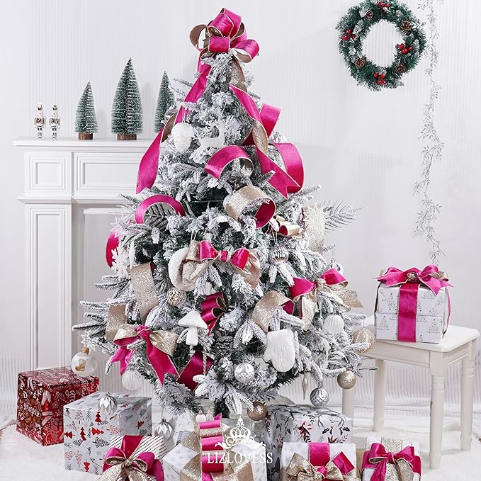 Hot Pink Velvet Wired Ribbon with Glitter Back 2.5 Inch Pink and Gold Christmas Ribbon Wired Fuschia Ribbon for Valentine's Day, Gift Wrapping, Wreaths Supplies (10 Yards)