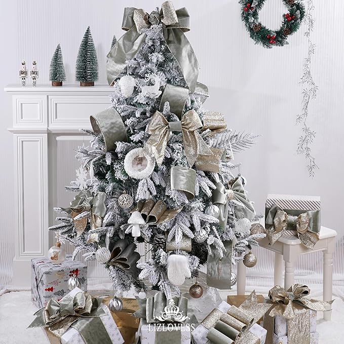 Sage Green Velvet Wired Ribbon with Glitter Back 4 Inch Green and Gold Christmas Ribbon Wired Ribbon for Christmas Tree, Gift Wrapping, Crafts, Wreaths Supplies, Topper Bows (10 Yards)