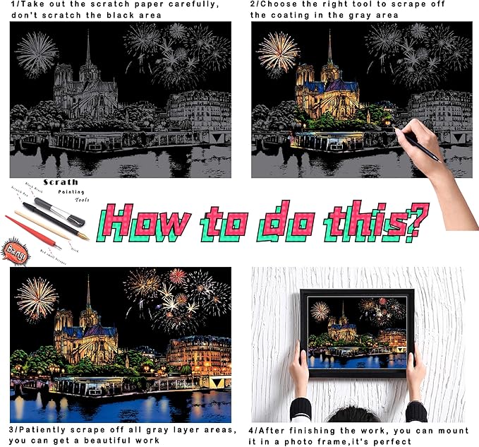 Scratch Painting Kits for Adults Rainbow Painting Art Paper, World Famous City DIY Night View Scratchboard for Adults with 4 Tools,Size 11.2''x16'' (Notre Dame de Paris)