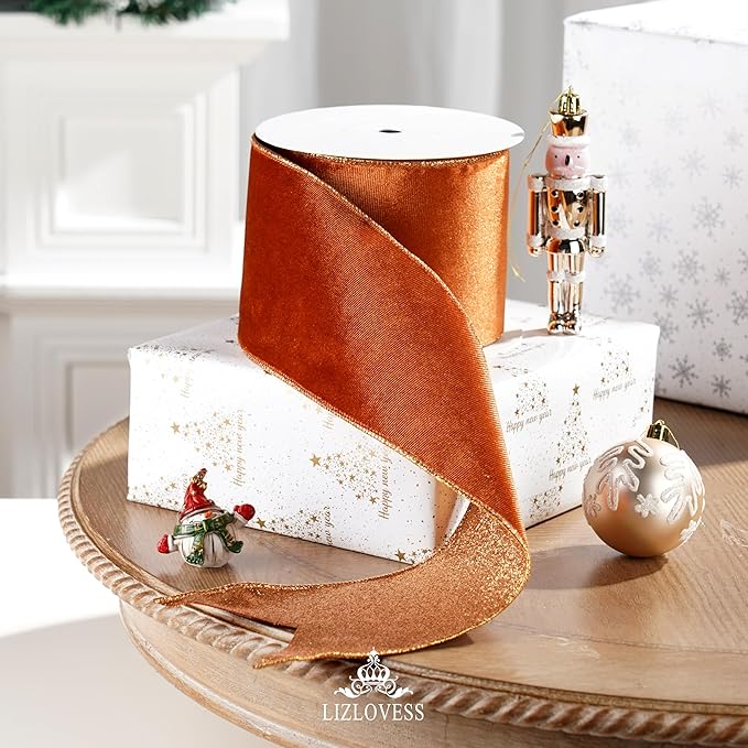 Copper Velvet Wired Ribbon with Glitter Back 4 Inch Copper Christmas Ribbon Wired Ribbon for Christmas Tree Decorations, Gift Wrapping, Crafts, Wreaths Supplies, Topper Bows (10 Yards)