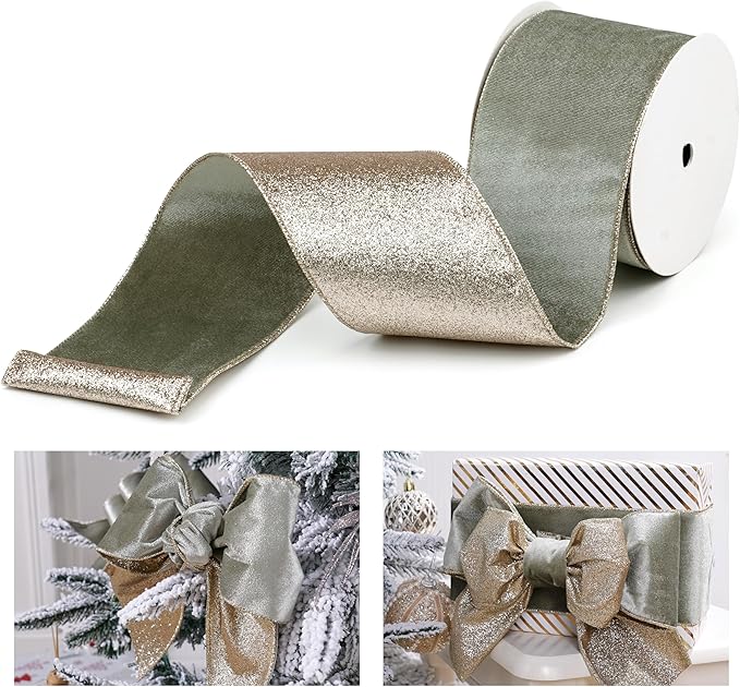 Sage Green Velvet Wired Ribbon with Glitter Back 4 Inch Green and Gold Christmas Ribbon Wired Ribbon for Christmas Tree, Gift Wrapping, Crafts, Wreaths Supplies, Topper Bows (10 Yards)