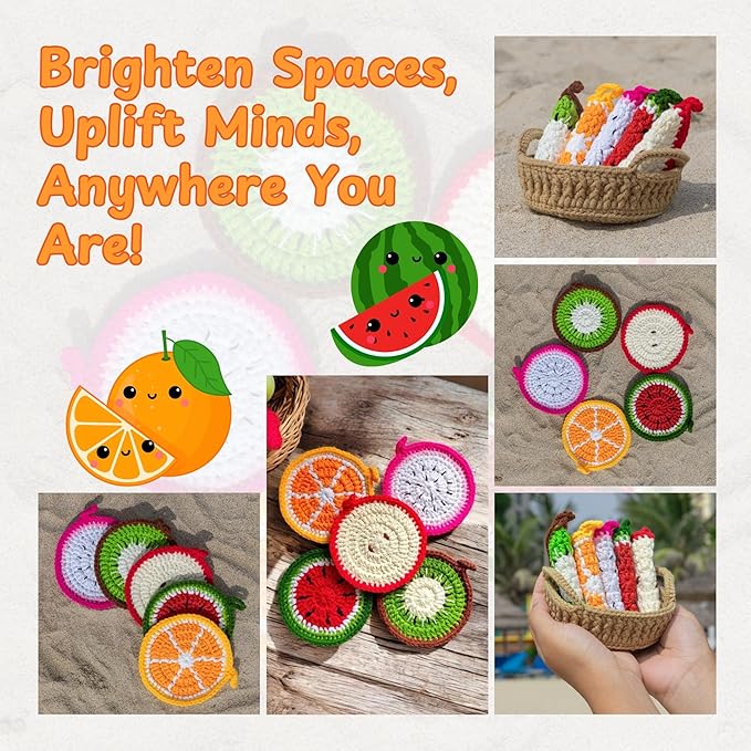 Handmade Yarn Coasters with Storage Basket – 5-Pack Soft Crochet Drink Coasters – Washable, Durable – Unique Gift for Coffee Lovers, Housewarming, Birthday (Fruit)