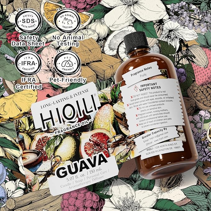 HIQILI Guava Fragrance Oil for Candle, Soap & Bath Bombs Making, Long-Lasting Fruity Scent, and Indoor Diffusers Use - 5.07 Fl Oz