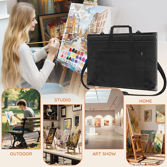 ZKOO Light Weight Art Portfolio Bag, 24x36 Artist Canvas Case with Detachable Shoulder Strap, Leather Corners, Art Portfolio Case for Artwork, Poster, Sketching, and Drawing (24" x 36" Black)