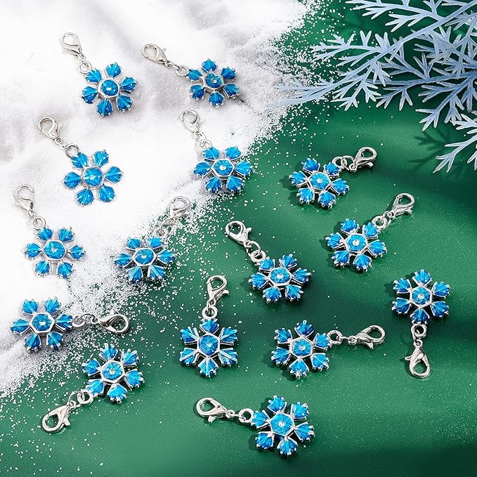 SUNNYCLUE 1 Box 30Pcs Stitch Markers Crochet Stitch Marker Christmas Large Snowflake Charms Double Sided Clip On Removable Lobster Clasp Charm Locking Knitting Markers for Weaving Sewing Quilting