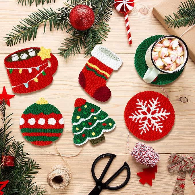 WATINC Christmas Punch Needle Coaster Kit - 23Pcs Easy Art Work Decor Craft Supply for Beginners, DIY Set of 6 Unique Pattern Tufted Pads with Adhesive Felt Yarn Tools Coaster Holder Instruction (Red)