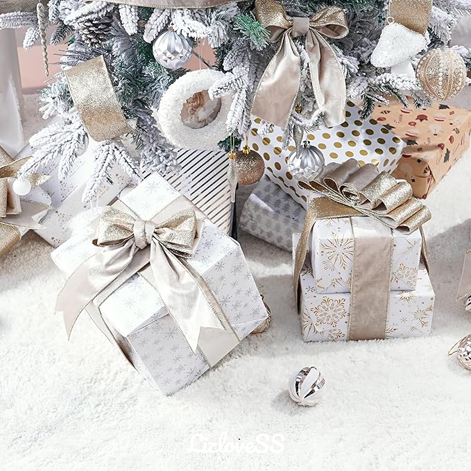 Champagne Velvet Wired Ribbon with Glitter Back 2.5 Inch Ivory and Gold Christmas Wired Ribbon for Christmas Tree Decorations, Gift Wrapping, Mantel, Wreaths Supplies, Topper Bows (10 Yards)