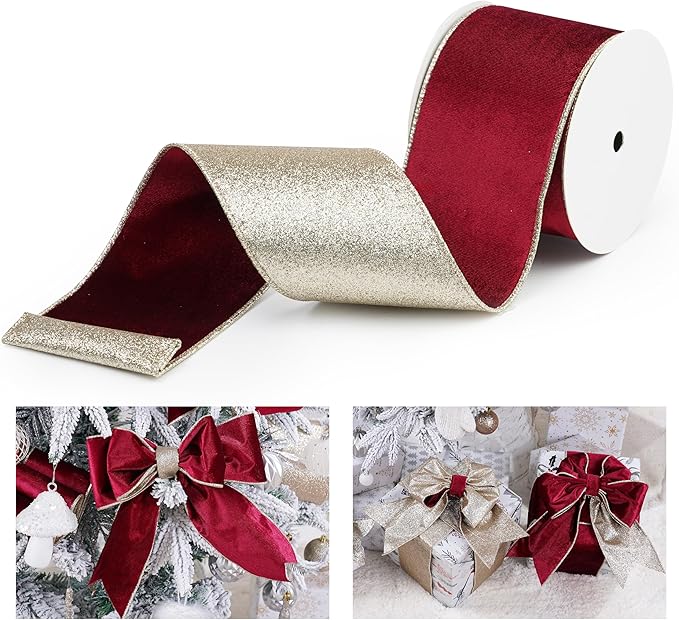 Burgundy Velvet Wired Ribbon with Glitter Back 4 Inch Burgundy and Gold Christmas Ribbon Wired Ribbon for Christmas Tree, Gift Wrapping, Mantel, Wreaths Supplies, Topper Bows (10 Yards)