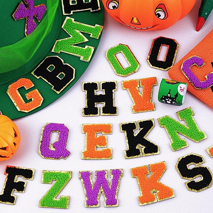 104 Pcs Halloween Patches Chenille Letter Patches Self Adhesive Halloween Stick on Patches for Clothing,A-Z Varsity Letter Stickers Embroidered Appliqué Sew on Patches for Hats Backpacks Jackets