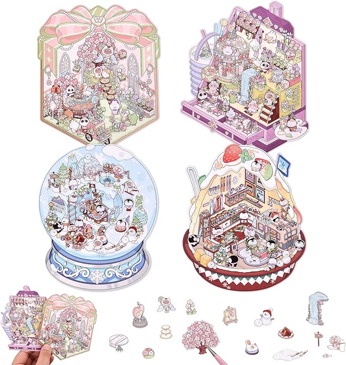 4 Sets DIY 3D House Stickers, Scene Miniature Scene Stickers, Cute Cartoon Scenes for Women Girls Teen Kids, Make Your Own Sticker, Fun Room Sticker BookRelief Stress Pass The Time