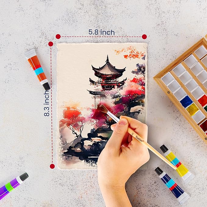 Wanderings Thick Handmade Watercolor Paper with Deckled Edge A5-5.8x8.3-500GSM Premium Ivory Cold-Pressed Textured Mixed Media Paper Made with Recycled Cotton - 15 Loose Leaf Sheets