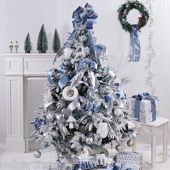 Dusty Blue Velvet Wired Ribbon with Glitter Back 2.5 Inch Blue and Silver Christmas Ribbon Wired Ribbon for Christmas Tree, Gift Wrapping, Mantel, Wreaths Supplies, Topper Bows (10 Yards)