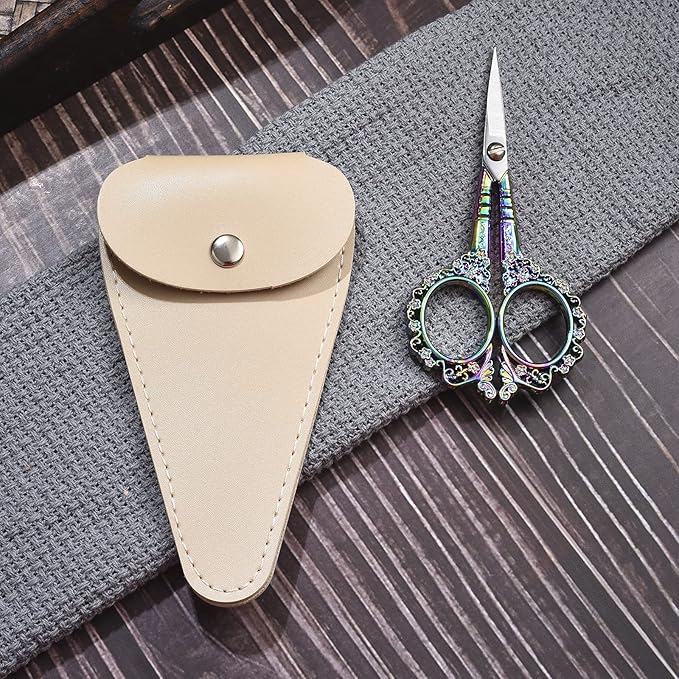 Embroidery Scissors, 4.5in Small Sharp Pointed Tip Vintage Detail Shears with Sheath for Craft, Sewing, Thread Cutting, Artwork, Needlework Rainbow