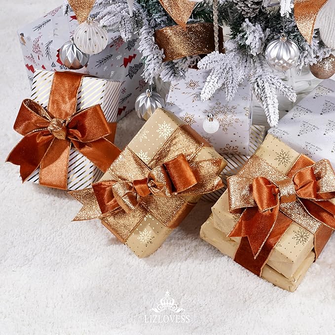 Copper Velvet Wired Ribbon with Glitter Back 2.5 Inch Copper Christmas Ribbon Wired Reversible Ribbon for Christmas Tree, Gift Wrapping, Crafts, Wreaths Supplies, Topper Bows (10 Yards)