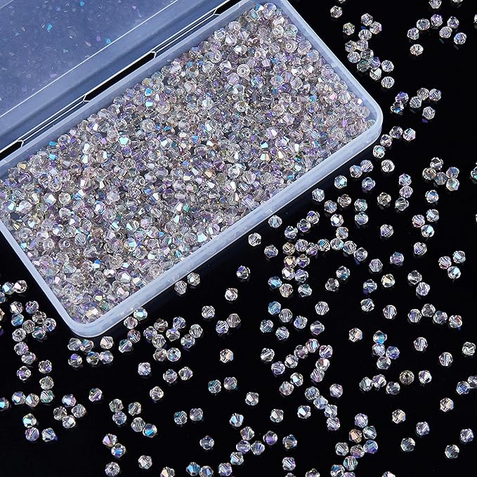 1100PCS 4mm Bicone Crystal Glass Beads for Jewelry Making, Sparkling Mini Beads for Suncatchers, DIY Bracelets & Craft Projects (AB Phantom Purple)