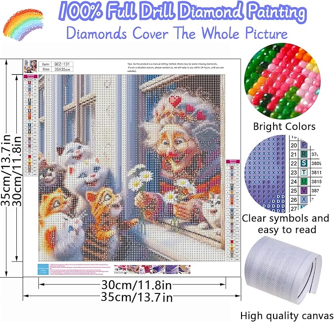 Cat And Old Lady Diamond Painting Kits for Adults, 5D Diamond Art Painting by Numbers Kits, DIY Diamond Dots Art Kits, Full Round Drill Diamond Art Kits for Adults for Home Wall Decor, 13.8x13.8 in