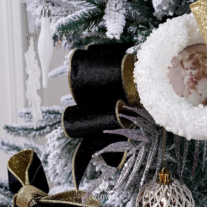 Black Velvet Wired Ribbon with Glitter Back 2.5 Inch Black and Gold Christmas Ribbon Wired Ribbon for Christmas Tree, Gift Wrapping, Mantel, Wreaths Supplies, Topper Bows (10 Yards)