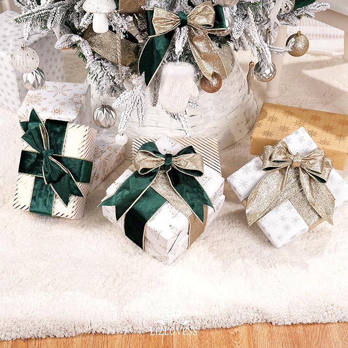 Hunter Green Velvet Wired Ribbon with Glitter Back 2.5 Inch Dark Green and Gold Christmas Wired Ribbon for Christmas Tree, Gift Wrapping, Crafts, Wreaths Supplies, Topper Bows (10 Yards)