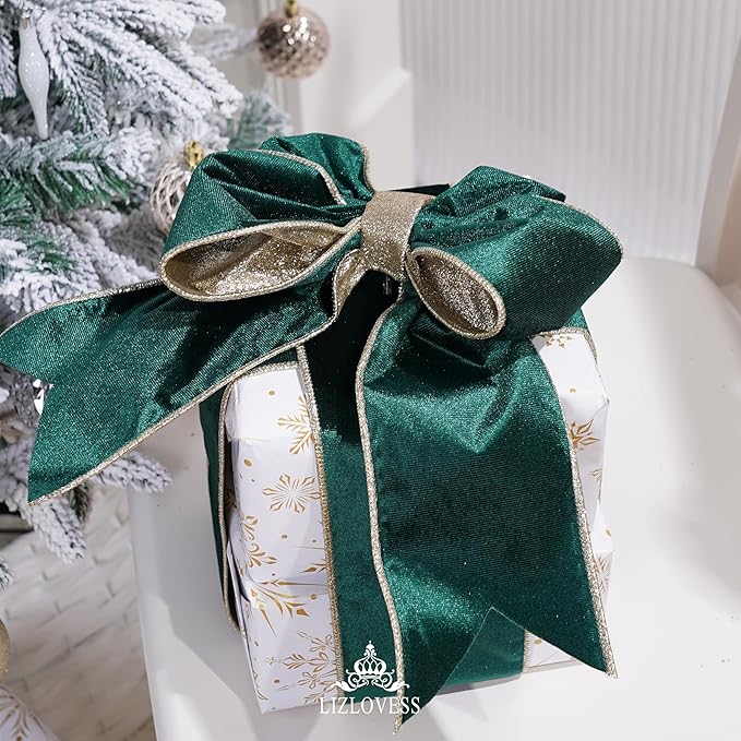 Green Velvet Wired Ribbon with Glitter Back 4 Inch Dark Green and Gold Christmas Ribbon Wired Ribbon for Christmas Tree, Gift Wrapping, Crafts, Wreaths Supplies, Topper Bows (10 Yards)