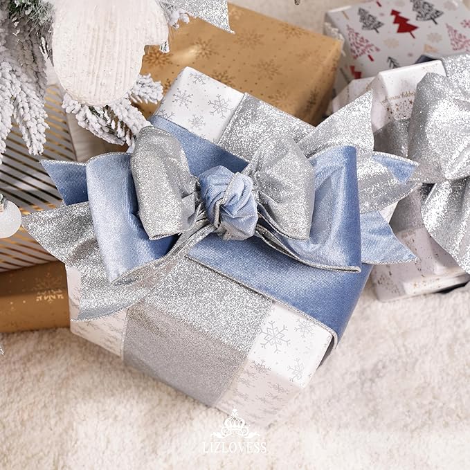 Dusty Blue Velvet Wired Ribbon with Glitter Back 4 Inch Blue and Silver Christmas Ribbon Wired Ribbon for Christmas Tree, Gift Wrapping, Mantel, Wreaths Supplies, Topper Bows (10 Yards)