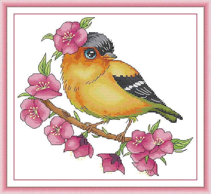Threadhaven Counted Cross-Stitch Kit 14CT Aida Fabric with Threads, Needles & Guide | Animal Sewing Pattern Embroidery Kit for Adults | Premium DIY Craft Kit- Spring Bird 11.4''×10.6''