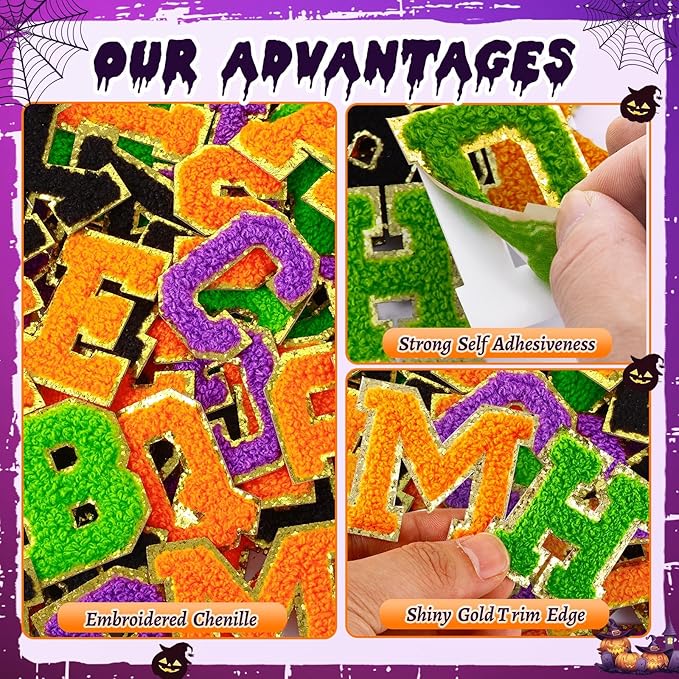 104 Pcs Halloween Patches Chenille Letter Patches Self Adhesive Halloween Stick on Patches for Clothing,A-Z Varsity Letter Stickers Embroidered Appliqué Sew on Patches for Hats Backpacks Jackets